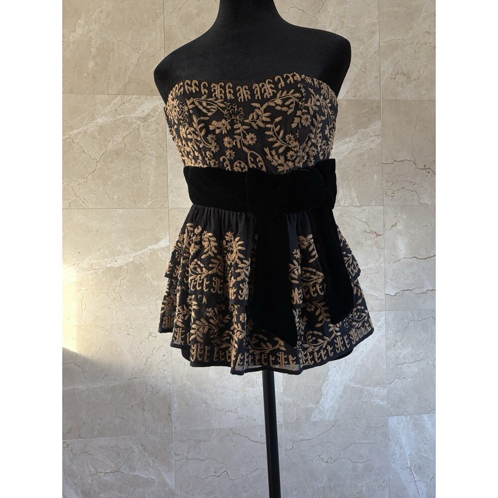 Tracy Reese Holiday Party Sweetheart Silk Top, Black Velvet Bow, Tiered - Size 2 - Picture 2 of 8